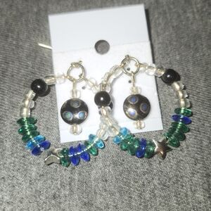 Beaded Hoop Earrings with Blue-Green Accents